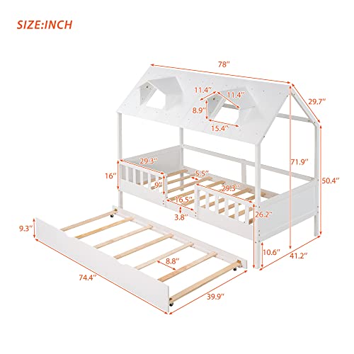 Lostcat Twin Size House Bed with Trundle, Solid Pine Wood Twin Bed Frame with Roof Design, House Bed Frame with Trundle Bed Twin Kids Bed Frame for Kids, Girls and Boys, No Box Spring Need, White - Lostcat