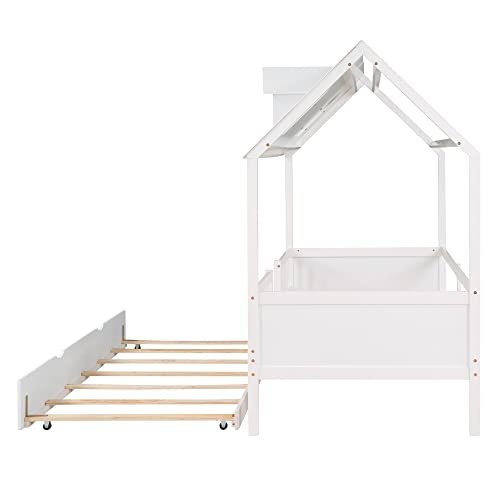 Lostcat Twin Size House Bed with Trundle, Solid Pine Wood Twin Bed Frame with Roof Design, House Bed Frame with Trundle Bed Twin Kids Bed Frame for Kids, Girls and Boys, No Box Spring Need, White - Lostcat