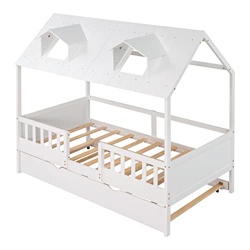 Lostcat Twin Size House Bed with Trundle, Solid Pine Wood Twin Bed Frame with Roof Design, House Bed Frame with Trundle Bed Twin Kids Bed Frame for Kids, Girls and Boys, No Box Spring Need, White - Lostcat