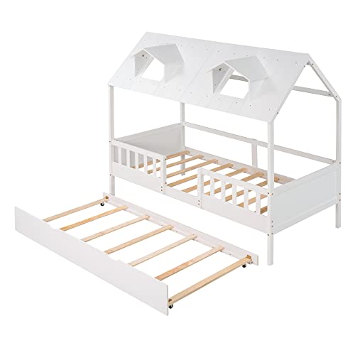 Lostcat Twin Size House Bed with Trundle, Solid Pine Wood Twin Bed Frame with Roof Design, House Bed Frame with Trundle Bed Twin Kids Bed Frame for Kids, Girls and Boys, No Box Spring Need, White - Lostcat