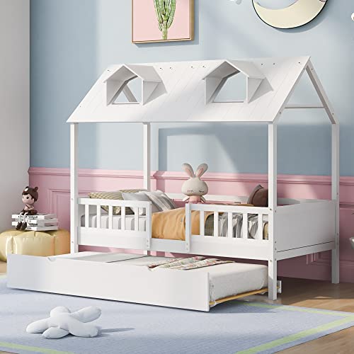 Lostcat Twin Size House Bed with Trundle, Solid Pine Wood Twin Bed Frame with Roof Design, House Bed Frame with Trundle Bed Twin Kids Bed Frame for Kids, Girls and Boys, No Box Spring Need, White - Lostcat
