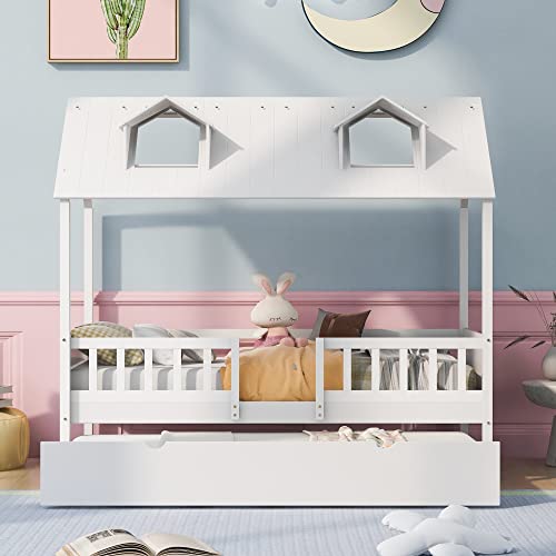 Lostcat Twin Size House Bed with Trundle, Solid Pine Wood Twin Bed Frame with Roof Design, House Bed Frame with Trundle Bed Twin Kids Bed Frame for Kids, Girls and Boys, No Box Spring Need, White - Lostcat