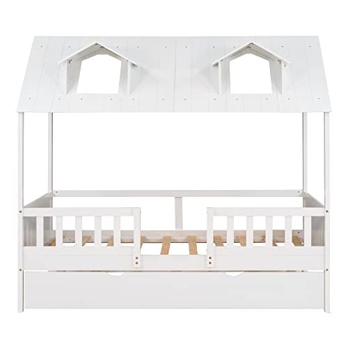 Lostcat Twin Size House Bed with Trundle, Solid Pine Wood Twin Bed Frame with Roof Design, House Bed Frame with Trundle Bed Twin Kids Bed Frame for Kids, Girls and Boys, No Box Spring Need, White - Lostcat