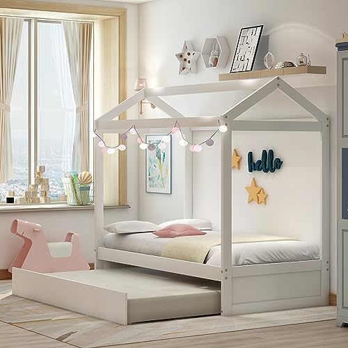 Lostcat Twin Size House Bed with Trundle, Solid Pine Wood Twin Bed Frame with Roof Design, Montessori Bed Frame with Trundle Bed Twin kids Bed Frame for Kids, Girls and Boys, No Box Spring Need, White - Lostcat