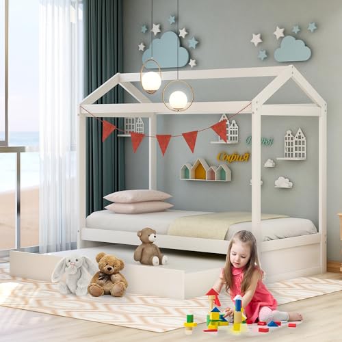 Lostcat Twin Size House Bed with Trundle, Solid Pine Wood Twin Bed Frame with Roof Design, Montessori Bed Frame with Trundle Bed Twin kids Bed Frame for Kids, Girls and Boys, No Box Spring Need, White - Lostcat