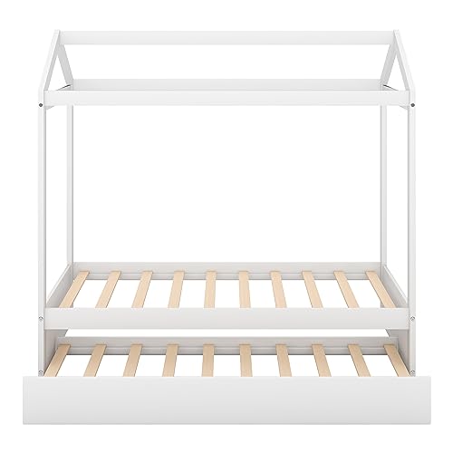 Lostcat Twin Size House Bed with Trundle, Solid Pine Wood Twin Bed Frame with Roof Design, Montessori Bed Frame with Trundle Bed Twin kids Bed Frame for Kids, Girls and Boys, No Box Spring Need, White - Lostcat