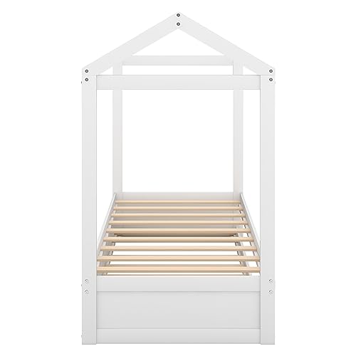 Lostcat Twin Size House Bed with Trundle, Solid Pine Wood Twin Bed Frame with Roof Design, Montessori Bed Frame with Trundle Bed Twin kids Bed Frame for Kids, Girls and Boys, No Box Spring Need, White - Lostcat