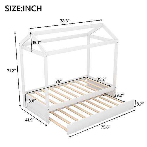 Lostcat Twin Size House Bed with Trundle, Solid Pine Wood Twin Bed Frame with Roof Design, Montessori Bed Frame with Trundle Bed Twin kids Bed Frame for Kids, Girls and Boys, No Box Spring Need, White - Lostcat