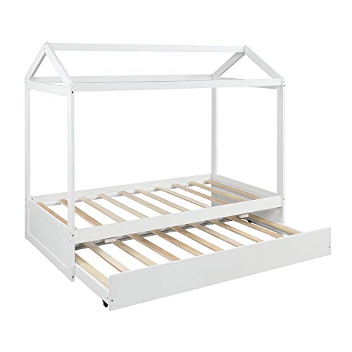 Lostcat Twin Size House Bed with Trundle, Solid Pine Wood Twin Bed Frame with Roof Design, Montessori Bed Frame with Trundle Bed Twin kids Bed Frame for Kids, Girls and Boys, No Box Spring Need, White - Lostcat
