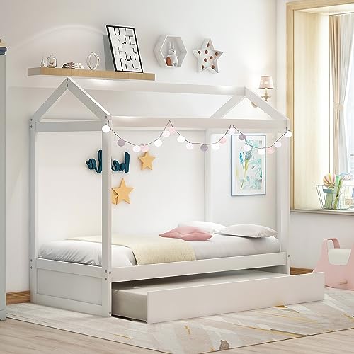 Lostcat Twin Size House Bed with Trundle, Solid Pine Wood Twin Bed Frame with Roof Design, Montessori Bed Frame with Trundle Bed Twin kids Bed Frame for Kids, Girls and Boys, No Box Spring Need, White - Lostcat