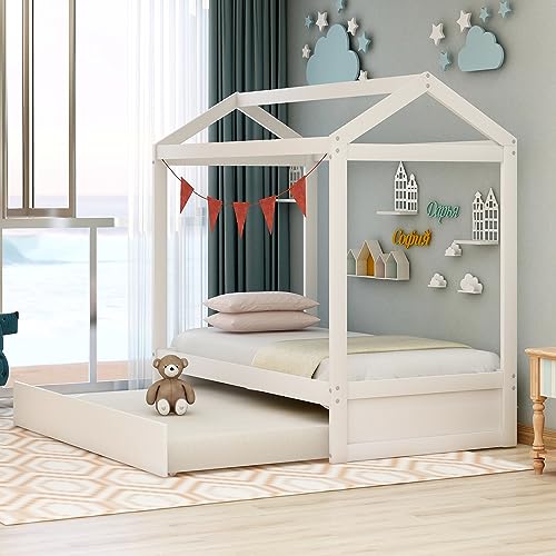 Lostcat Twin Size House Bed with Trundle, Solid Pine Wood Twin Bed Frame with Roof Design, Montessori Bed Frame with Trundle Bed Twin kids Bed Frame for Kids, Girls and Boys, No Box Spring Need, White - Lostcat