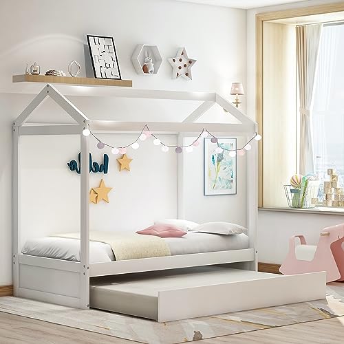 Lostcat Twin Size House Bed with Trundle, Solid Pine Wood Twin Bed Frame with Roof Design, Montessori Bed Frame with Trundle Bed Twin kids Bed Frame for Kids, Girls and Boys, No Box Spring Need, White - Lostcat