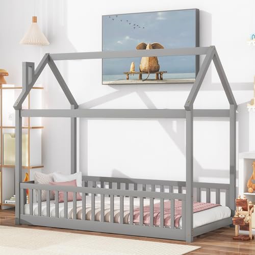 Lostcat Twin Size House Floor Bed for Toddlers Kids Girls Boys, Wooden Montessori Floor Bed with Full-Length Guardrails, Wood Slat Support, Easy Assembly, Grey - Lostcat