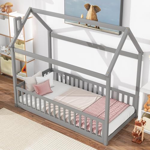 Lostcat Twin Size House Floor Bed for Toddlers Kids Girls Boys, Wooden Montessori Floor Bed with Full-Length Guardrails, Wood Slat Support, Easy Assembly, Grey - Lostcat