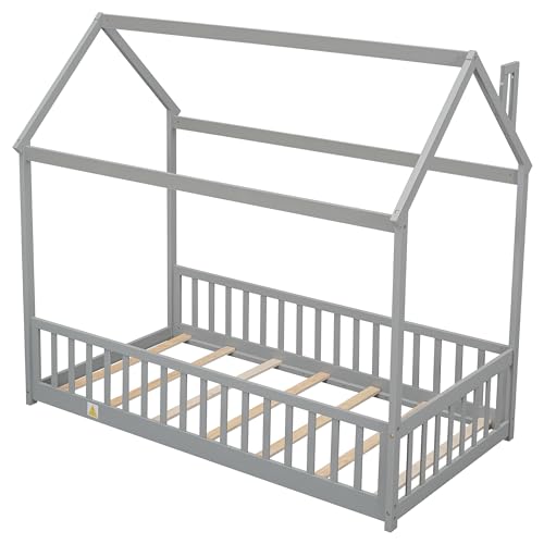 Lostcat Twin Size House Floor Bed for Toddlers Kids Girls Boys, Wooden Montessori Floor Bed with Full-Length Guardrails, Wood Slat Support, Easy Assembly, Grey - Lostcat