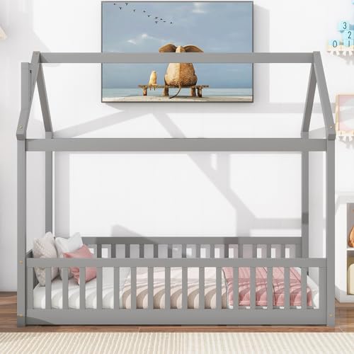 Lostcat Twin Size House Floor Bed for Toddlers Kids Girls Boys, Wooden Montessori Floor Bed with Full-Length Guardrails, Wood Slat Support, Easy Assembly, Grey - Lostcat