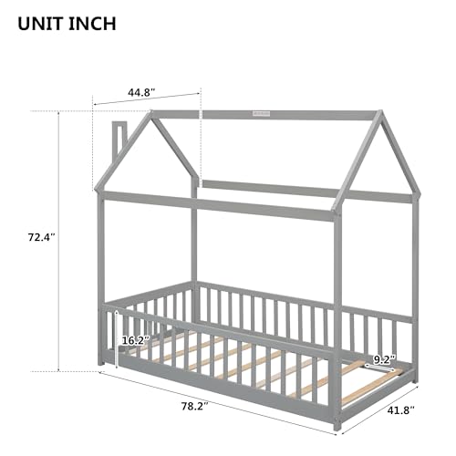 Lostcat Twin Size House Floor Bed for Toddlers Kids Girls Boys, Wooden Montessori Floor Bed with Full-Length Guardrails, Wood Slat Support, Easy Assembly, Grey - Lostcat