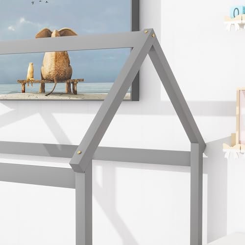 Lostcat Twin Size House Floor Bed for Toddlers Kids Girls Boys, Wooden Montessori Floor Bed with Full-Length Guardrails, Wood Slat Support, Easy Assembly, Grey - Lostcat
