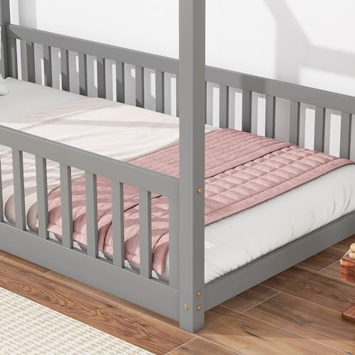 Lostcat Twin Size House Floor Bed for Toddlers Kids Girls Boys, Wooden Montessori Floor Bed with Full-Length Guardrails, Wood Slat Support, Easy Assembly, Grey - Lostcat
