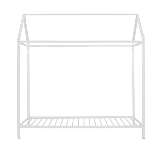 Lostcat Twin Size Kids House Bed Frame, Montessori Floor Bed Kids Bed Frame, Metal House Platform Bed with Roof for Kids Boys Girls, Metal Slat Support/No Box Spring Needed, White - Lostcat