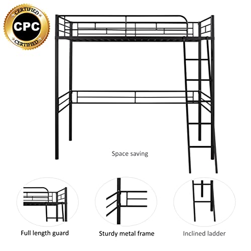 Lostcat Twin Size Loft Bed, Heavy Duty Metal Loft Bed with Full Length Guardrails and Ladder, No Box Spring Needed, Easy to Assemble, for Kids, Teens, Adults, Black - Lostcat