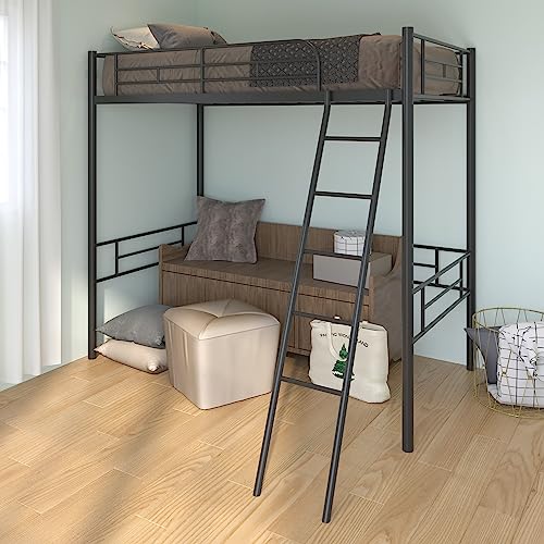 Lostcat Twin Size Loft Bed, Heavy Duty Metal Loft Bed with Full Length Guardrails and Ladder, No Box Spring Needed, Easy to Assemble, for Kids, Teens, Adults, Black - Lostcat