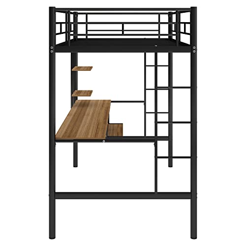 Lostcat Twin Size Loft Bed with Desk and Shelf, Heavy Duty Metal Bed Frame w/Full Length Guardrails and Ladder, No Box Spring Needed, Space Saving Design for Kids, Teens, Adults, Black - Lostcat