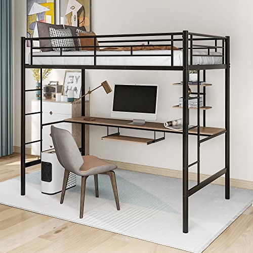 Lostcat Twin Size Loft Bed with Desk and Shelf, Heavy Duty Metal Bed Frame w/Full Length Guardrails and Ladder, No Box Spring Needed, Space Saving Design for Kids, Teens, Adults, Black - Lostcat