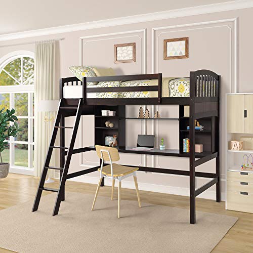 Lostcat Twin Size Loft Bed with Desk & Ladder for Kids Bedroom, Solid Wood loft beds with Shelves and Ladder, Safety Guardrail, No Box Spring Needed, Noise Free, Space-Saving, Espresso - Lostcat