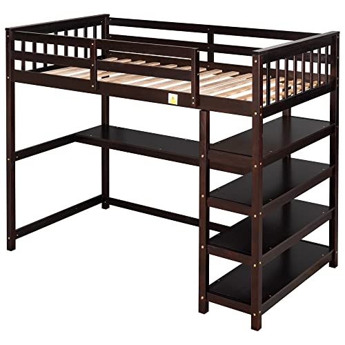 Lostcat Twin Size Loft Bed with One Desk & Four Shelves,Rubber Wooden Bedframe with Full-Length guardrail & Built-in Ladder Save Space Design for Teens, Kids,No Box Spring Needed,Espresso - Lostcat
