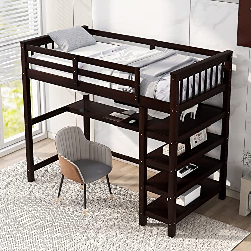 Lostcat Twin Size Loft Bed with One Desk & Four Shelves,Rubber Wooden Bedframe with Full-Length guardrail & Built-in Ladder Save Space Design for Teens, Kids,No Box Spring Needed,Espresso - Lostcat