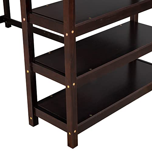 Lostcat Twin Size Loft Bed with One Desk & Four Shelves,Rubber Wooden Bedframe with Full-Length guardrail & Built-in Ladder Save Space Design for Teens, Kids,No Box Spring Needed,Espresso - Lostcat