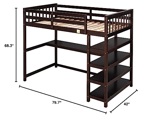 Lostcat Twin Size Loft Bed with One Desk & Four Shelves,Rubber Wooden Bedframe with Full-Length guardrail & Built-in Ladder Save Space Design for Teens, Kids,No Box Spring Needed,Espresso - Lostcat