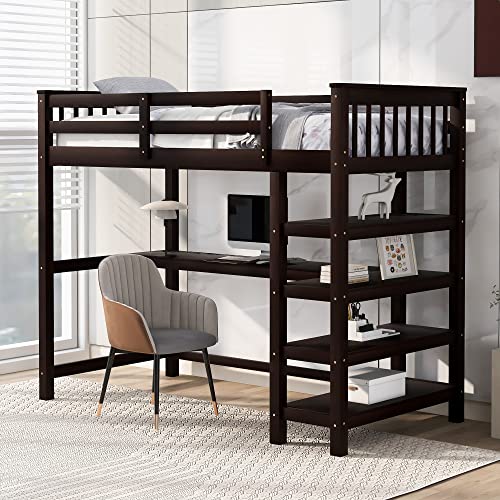 Lostcat Twin Size Loft Bed with One Desk & Four Shelves,Rubber Wooden Bedframe with Full-Length guardrail & Built-in Ladder Save Space Design for Teens, Kids,No Box Spring Needed,Espresso - Lostcat