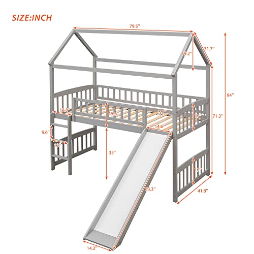 Lostcat Twin Size Loft Bed with Slide, House Shaped Solid Pine Wood Bed Frame w/Safety Guardrail & Ladder, No Box Spring Needed, Save Space Design, for Kids, Teens, Girls, Boys, Gray - Lostcat
