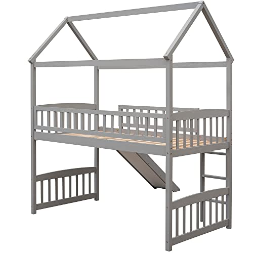 Lostcat Twin Size Loft Bed with Slide, House Shaped Solid Pine Wood Bed Frame w/Safety Guardrail & Ladder, No Box Spring Needed, Save Space Design, for Kids, Teens, Girls, Boys, Gray - Lostcat