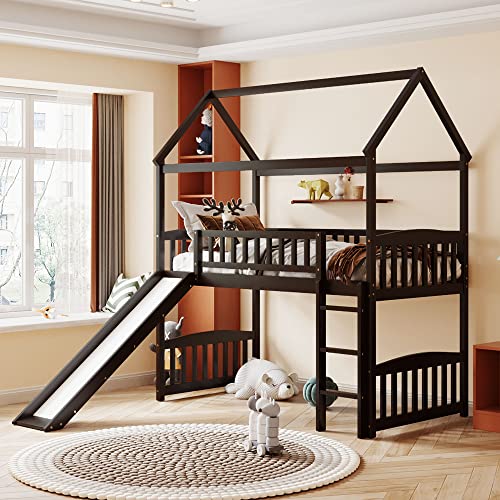 Lostcat Twin Size Loft Bed with Slide, House Shaped Solid Pine Wood Bed Frame w/Safety Guardrail & Ladder, No Box Spring Needed, Save Space Design, for Kids, Teens, Girls, Boys, Espresso - Lostcat