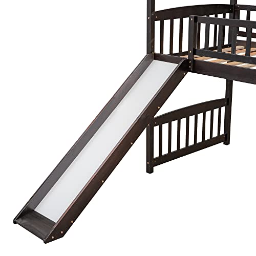 Lostcat Twin Size Loft Bed with Slide, House Shaped Solid Pine Wood Bed Frame w/Safety Guardrail & Ladder, No Box Spring Needed, Save Space Design, for Kids, Teens, Girls, Boys, Espresso - Lostcat