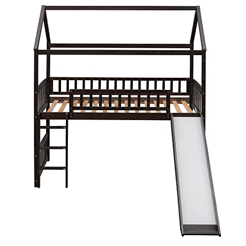 Lostcat Twin Size Loft Bed with Slide, House Shaped Solid Pine Wood Bed Frame w/Safety Guardrail & Ladder, No Box Spring Needed, Save Space Design, for Kids, Teens, Girls, Boys, Espresso - Lostcat