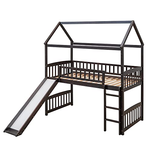 Lostcat Twin Size Loft Bed with Slide, House Shaped Solid Pine Wood Bed Frame w/Safety Guardrail & Ladder, No Box Spring Needed, Save Space Design, for Kids, Teens, Girls, Boys, Espresso - Lostcat