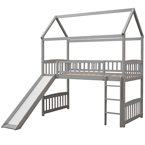 Lostcat Twin Size Loft Bed with Slide, House Shaped Solid Pine Wood Bed Frame w/Safety Guardrail & Ladder, No Box Spring Needed, Save Space Design, for Kids, Teens, Girls, Boys, Gray - Lostcat