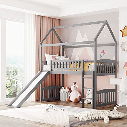 Lostcat Twin Size Loft Bed with Slide, House Shaped Solid Pine Wood Bed Frame w/Safety Guardrail & Ladder, No Box Spring Needed, Save Space Design, for Kids, Teens, Girls, Boys, Gray - Lostcat