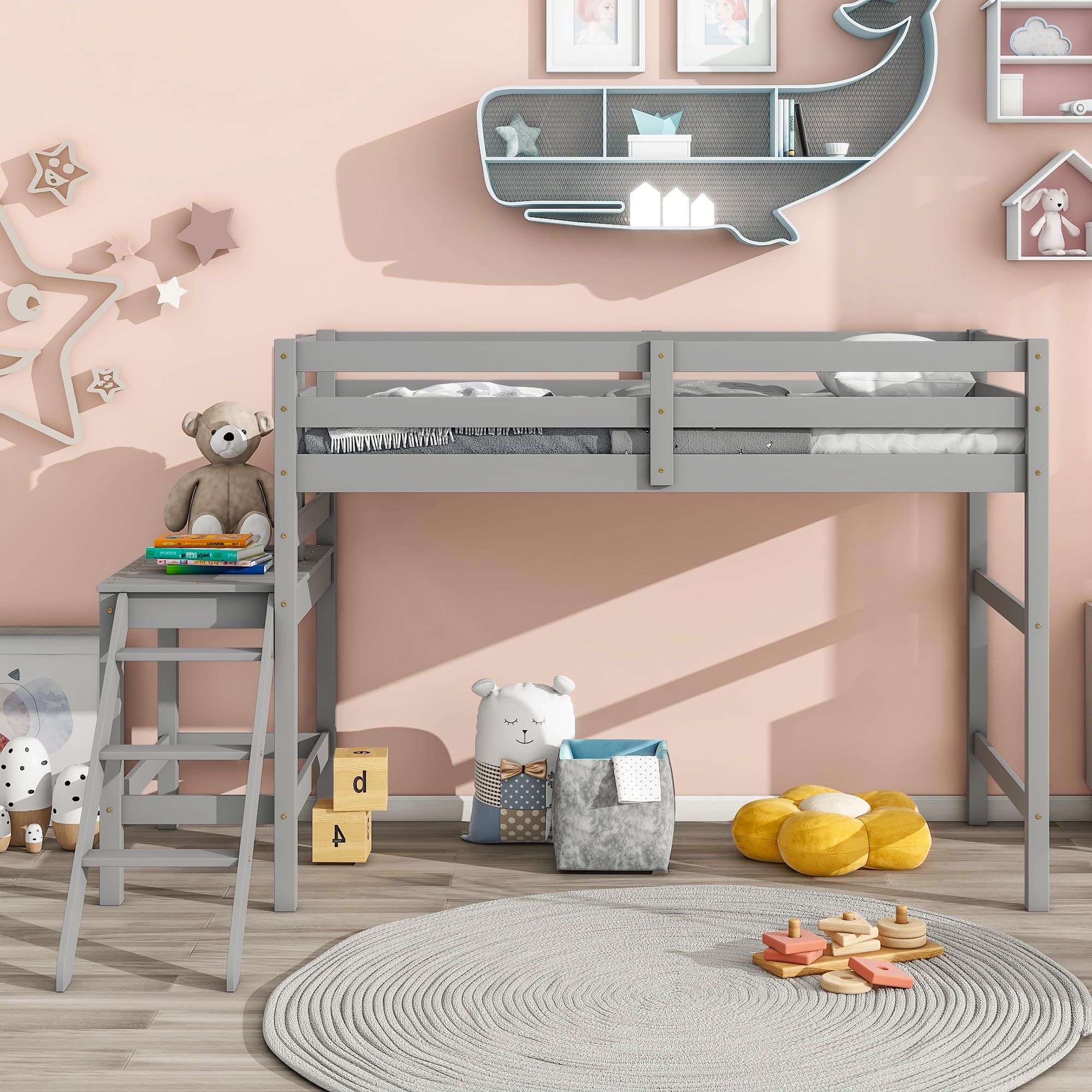 Lostcat Twin Size Loft Bed, Wood Low Loft Bed with Platform and Ladder for Kids,Space Saving Full Size Loft Bed for Girls Boys, No Box Spring Needed, Noise Free - Grey - Lostcat