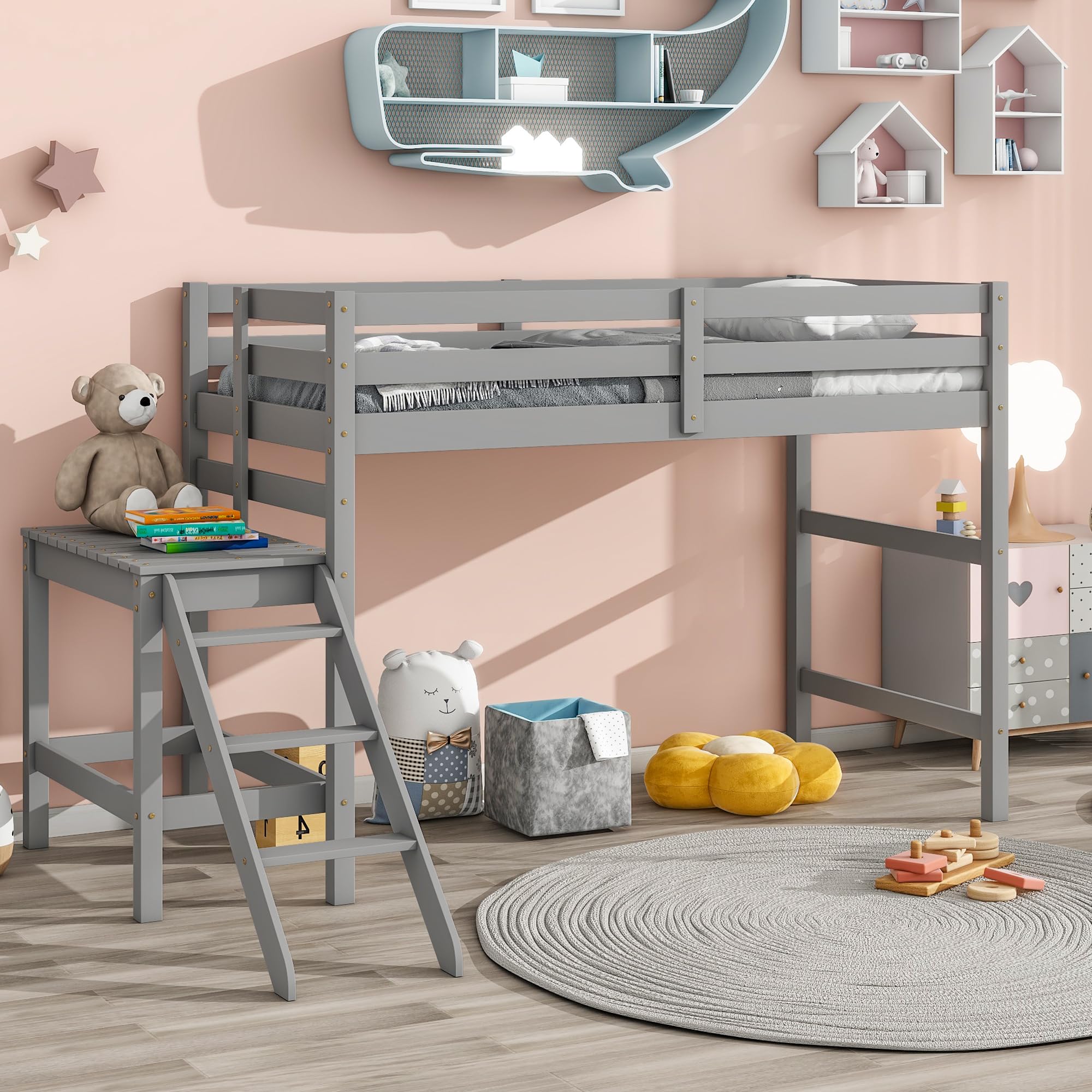 Lostcat Twin Size Loft Bed, Wood Low Loft Bed with Platform and Ladder for Kids,Space Saving Full Size Loft Bed for Girls Boys, No Box Spring Needed, Noise Free - Grey - Lostcat