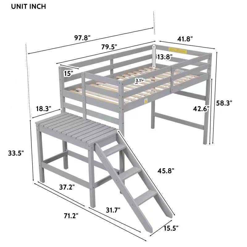 Lostcat Twin Size Loft Bed, Wood Low Loft Bed with Platform and Ladder for Kids,Space Saving Full Size Loft Bed for Girls Boys, No Box Spring Needed, Noise Free - Grey - Lostcat