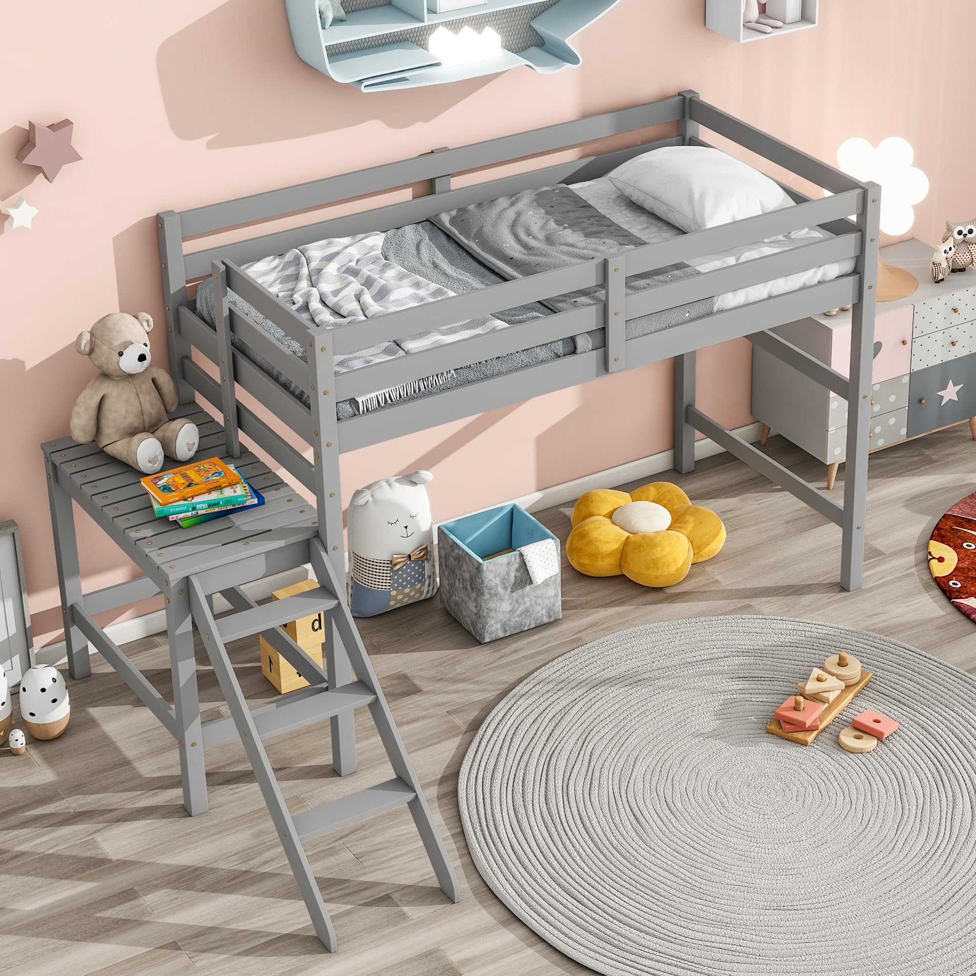 Lostcat Twin Size Loft Bed, Wood Low Loft Bed with Platform and Ladder for Kids,Space Saving Full Size Loft Bed for Girls Boys, No Box Spring Needed, Noise Free - Grey - Lostcat