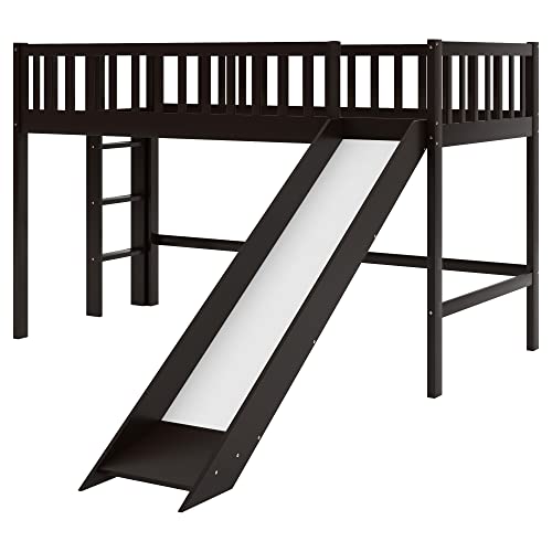 Lostcat Twin Size Low Loft Bed with Slide,Solid Wood Bedframe with Safety Guardrail and Ladder,No Box Spring Needed,Suitable for Girls Boys Toddlers,Espresso - Lostcat