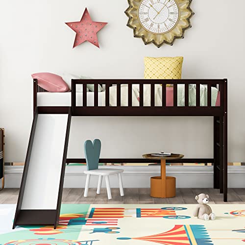Lostcat Twin Size Low Loft Bed with Slide,Solid Wood Bedframe with Safety Guardrail and Ladder,No Box Spring Needed,Suitable for Girls Boys Toddlers,Espresso - Lostcat
