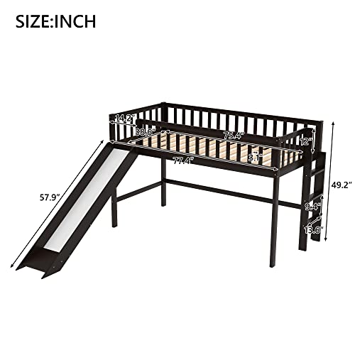 Lostcat Twin Size Low Loft Bed with Slide,Solid Wood Bedframe with Safety Guardrail and Ladder,No Box Spring Needed,Suitable for Girls Boys Toddlers,Espresso - Lostcat