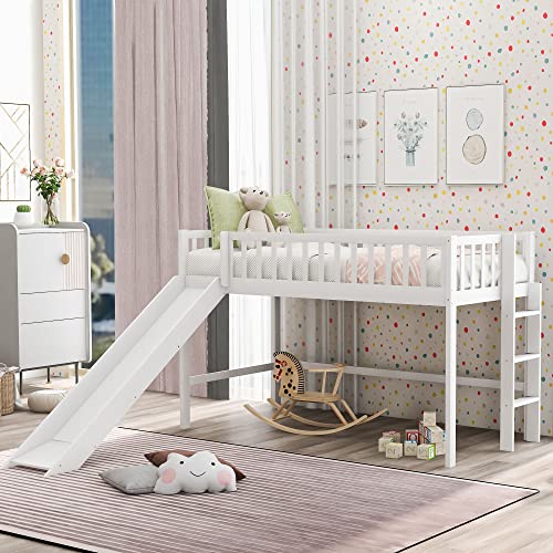 Lostcat Twin Size Low Loft Bed with Slide,Solid Wood Bedframe with Safety Guardrail and Ladder,No Box Spring Needed,Suitable for Girls Boys Toddlers,White - Lostcat